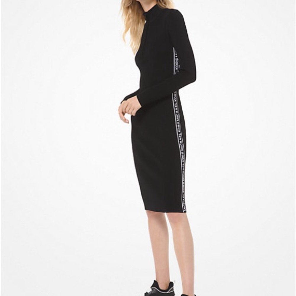 Michael Kors Black Ribbed Knit Logo Tape Zip Front Midi Dress‎ Women’s Medium